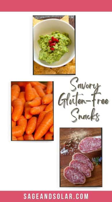 guacamole, baby carrots and salami featured for savory items that can be used for gluten-free snacks for road trips