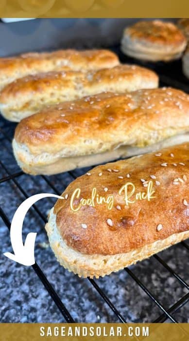 Gluten-free dairy-free hot dog buns with a tip about using a cooling rack.